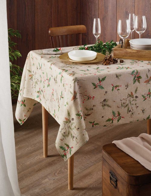 Mantel Antimanchas Navidad acebo beige resinado.