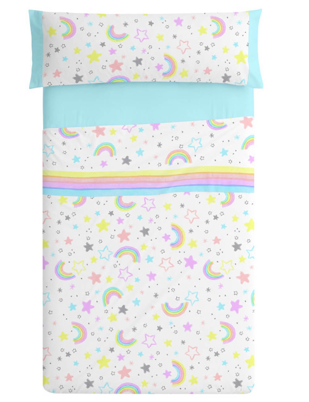 Juego de Sábanas 3 piezas Arco Iris Burrito Blanco